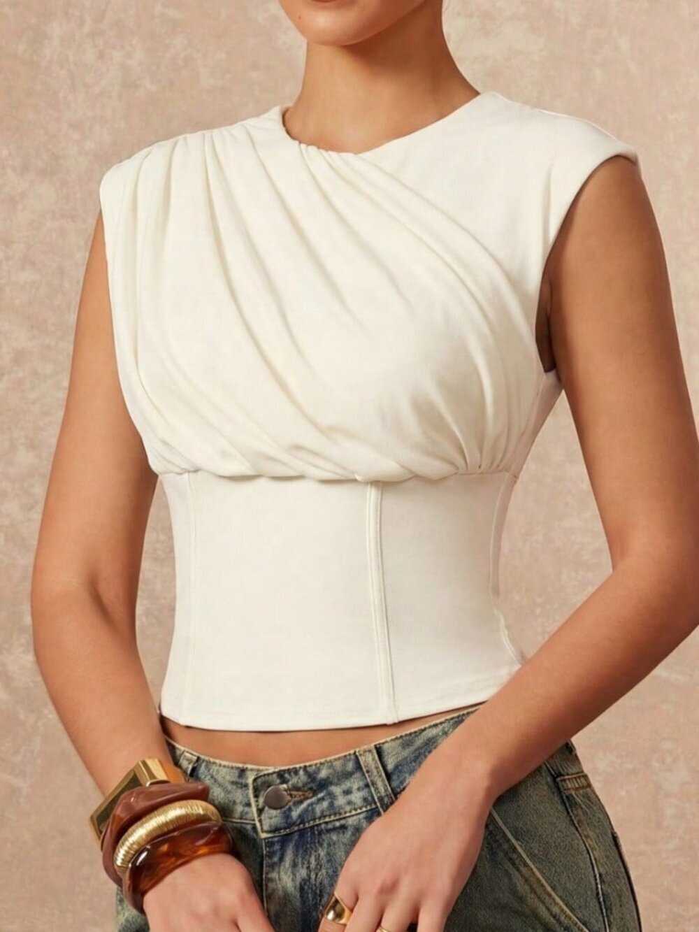 Apricot Casual Women's Crew Neck Ruched Waist Short Sleeve Boho Chic Top
